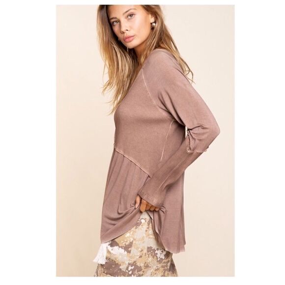 LONG Sleeve Top with Ribbed Detail Light Wash - Picture 6 of 14